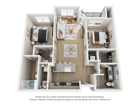 A 3D floor plan of a house with a kitchen, living room, and two bedrooms.
